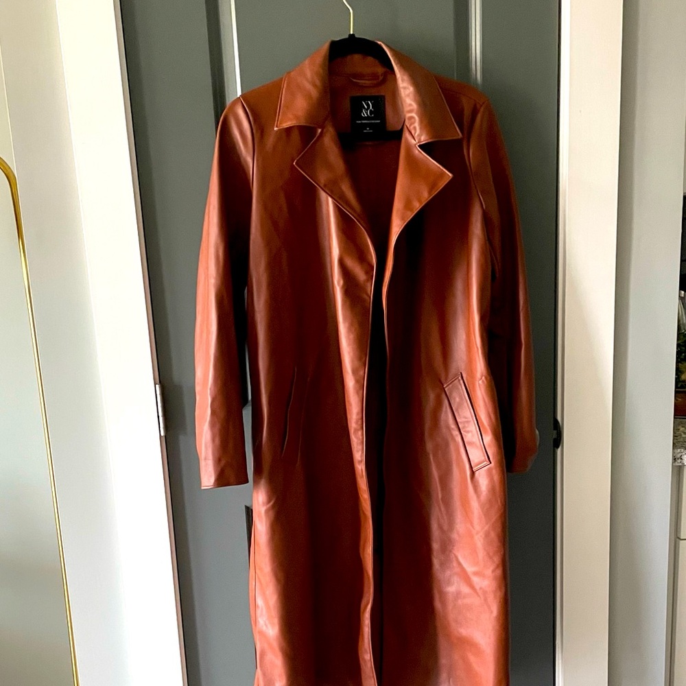 New York & Company Faux Leather Camel Brown Trench Coat